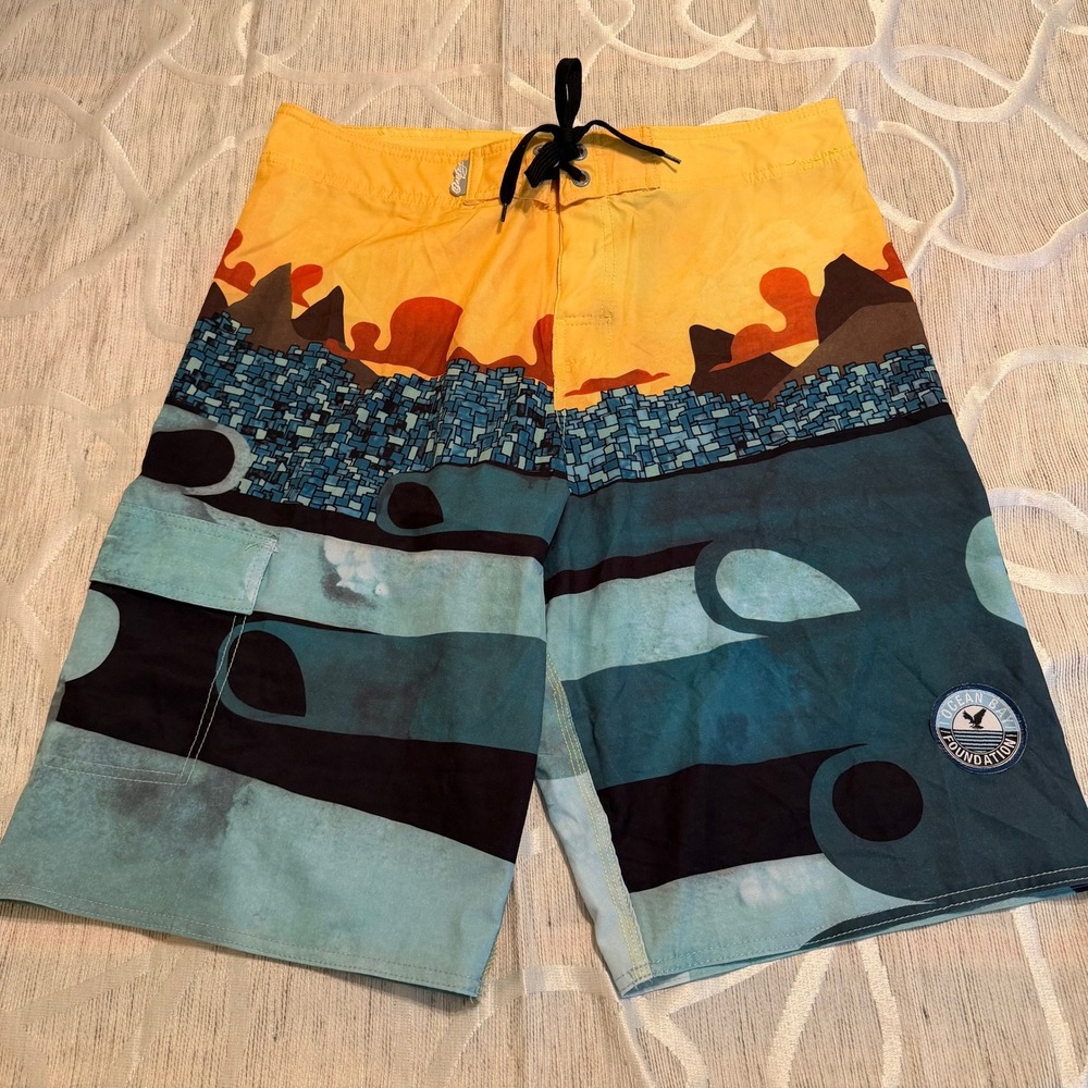 Ocean Bay Foundation Mens Scenic Landscape Board Shorts Yellow Teal Size 34